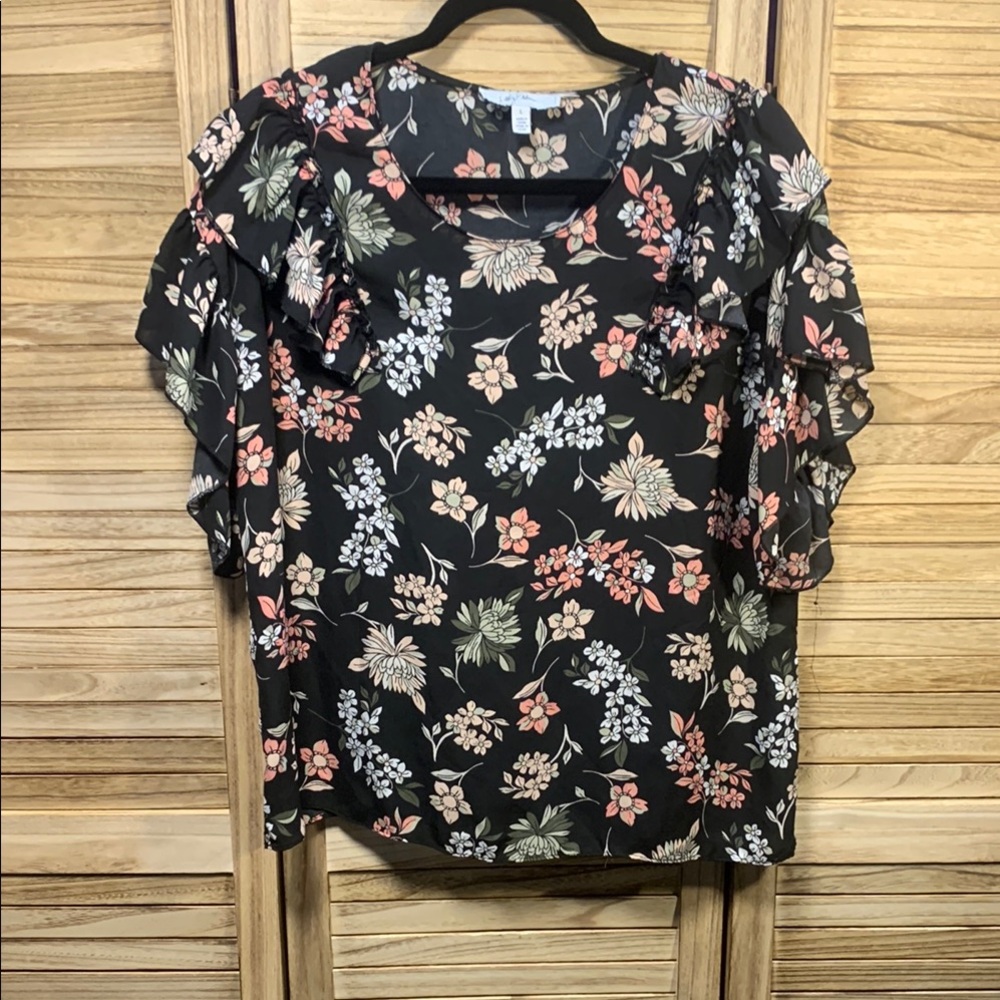 libby. edelman Floral Ruffle Sleeve Top - Black Cap Ruffled Sleeves Size L